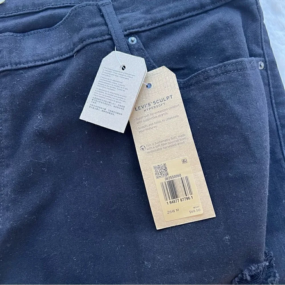 Levi’s 711 Distressed Skinny Jeans Black Denim Mid Rise 26W Plus Size NWT